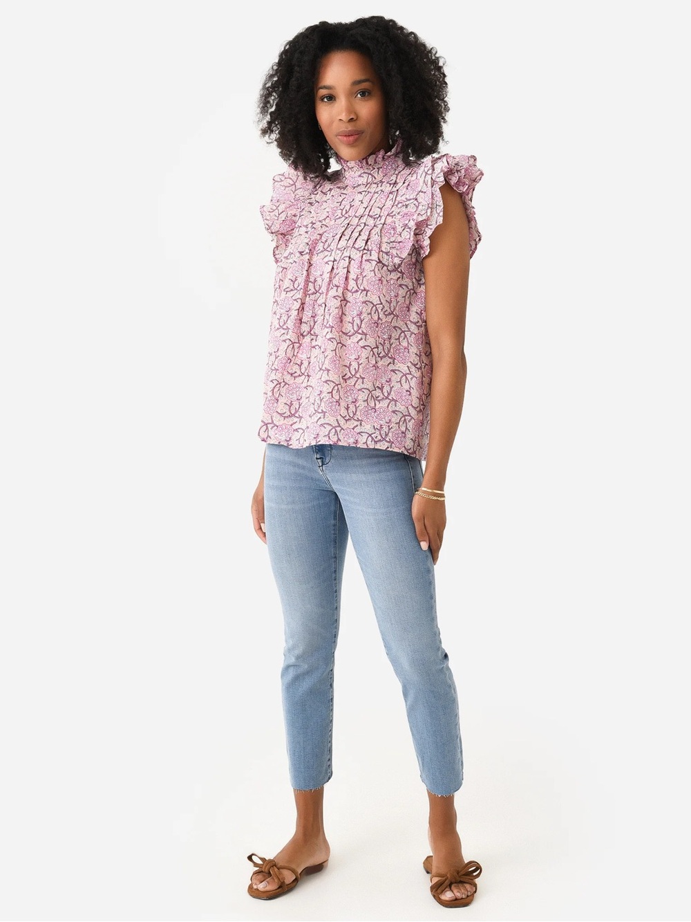 Sur La Vague Floral Hand Block Print Ruffle Pintuck Blouse One Size